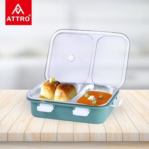 ATTRO Bento 2 Compartment Stainless Steel Lunch Box with Heating & Water Insulation Design Ideal for Office, School & Travelling - Olive Green - Image 3