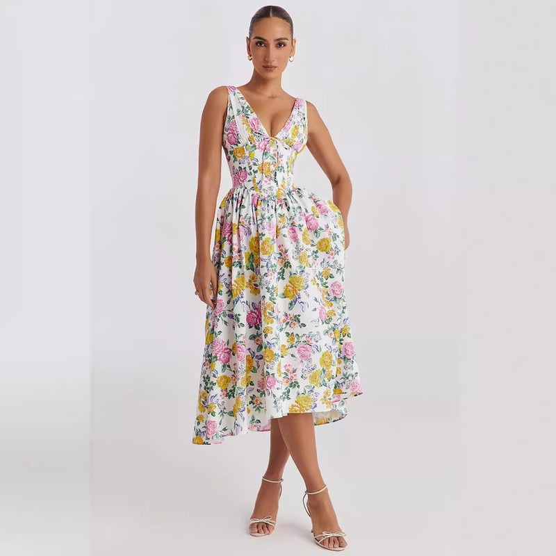 2026 New Summer Export Style Elegant V-Neck Waist-Cinching Slim-Fit Sleeveless Floral Holiday Dress Mid-Length Dress - Image 1