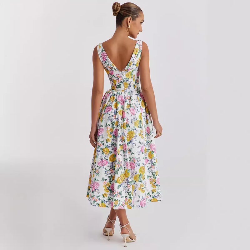 2026 New Summer Export Style Elegant V-Neck Waist-Cinching Slim-Fit Sleeveless Floral Holiday Dress Mid-Length Dress - Image 5