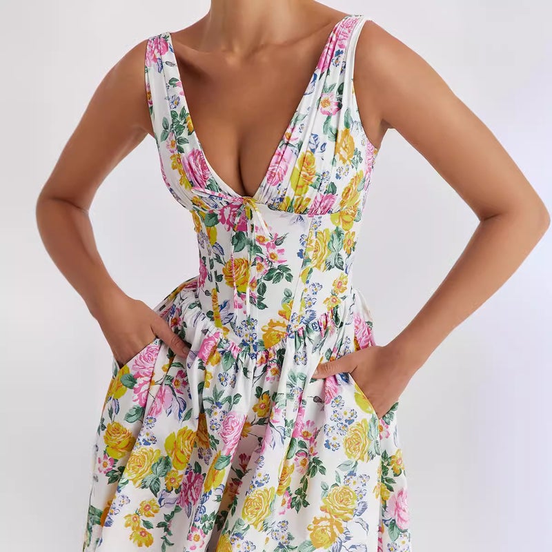 2026 New Summer Export Style Elegant V-Neck Waist-Cinching Slim-Fit Sleeveless Floral Holiday Dress Mid-Length Dress - Image 4