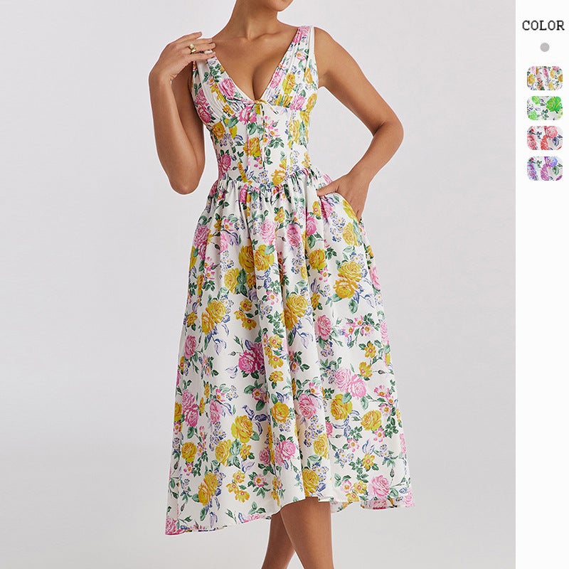 2026 New Summer Export Style Elegant V-Neck Waist-Cinching Slim-Fit Sleeveless Floral Holiday Dress Mid-Length Dress - Image 2