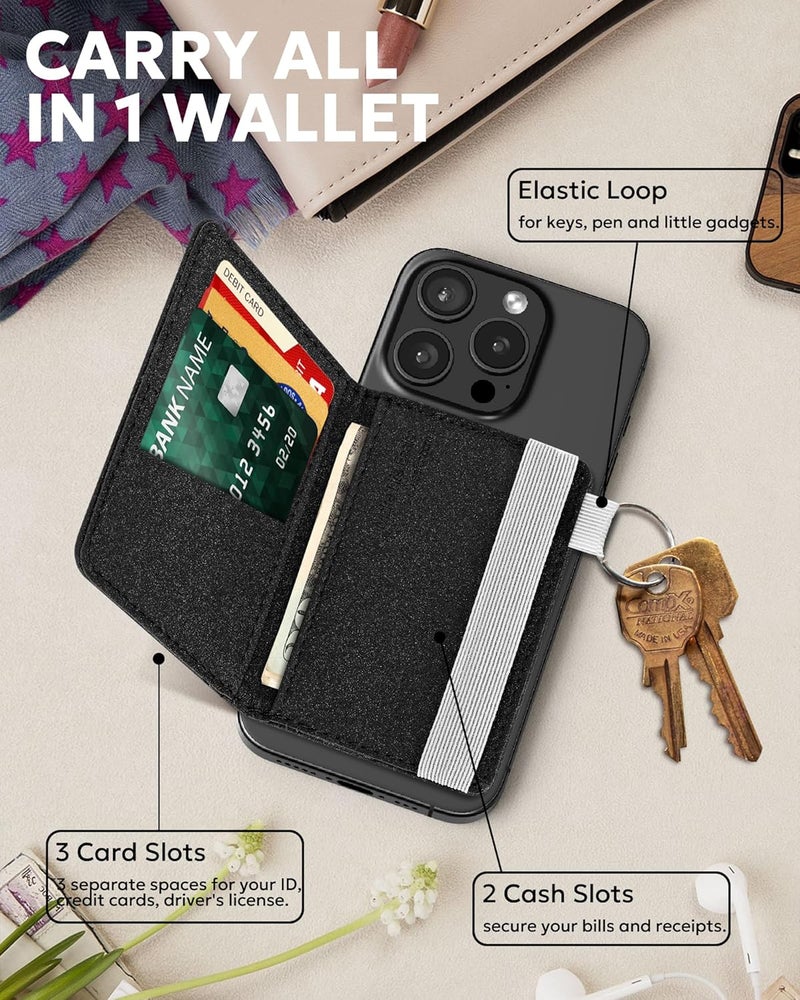 eLusefor Stick-On Phone Wallet for Back of iPhone or Android Case | 6 Sleeve Credit Card Holder - Pocket for Cards, Money & ID - Built-in Stand - Waterproof Material - Travel, Work & Life-Proof - Starry - Image 2