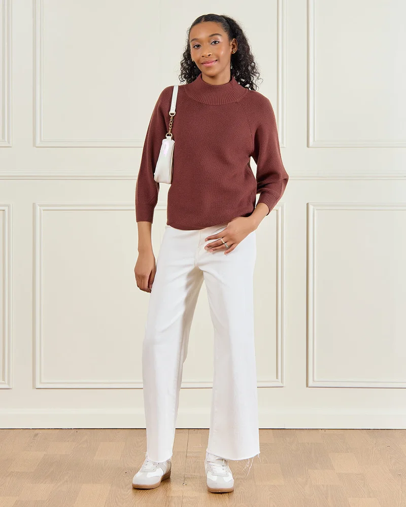 ردتاغ Senior Girls Brown Plain High Neck Pullover