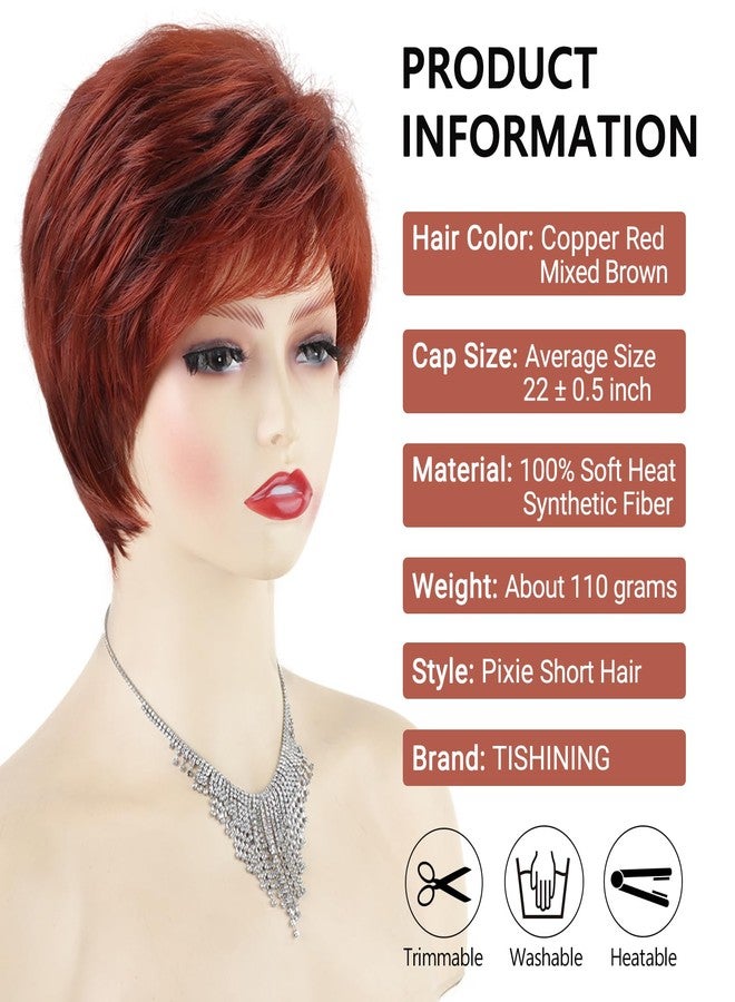 TISHINING Short Red Pixie Cut Wigs for White Women Copper Red Mixed Brown Highlight Synthetic Hair Wig with Bangs Layered Natural Wavy Hair Wig for Daily Party Use - Image 3
