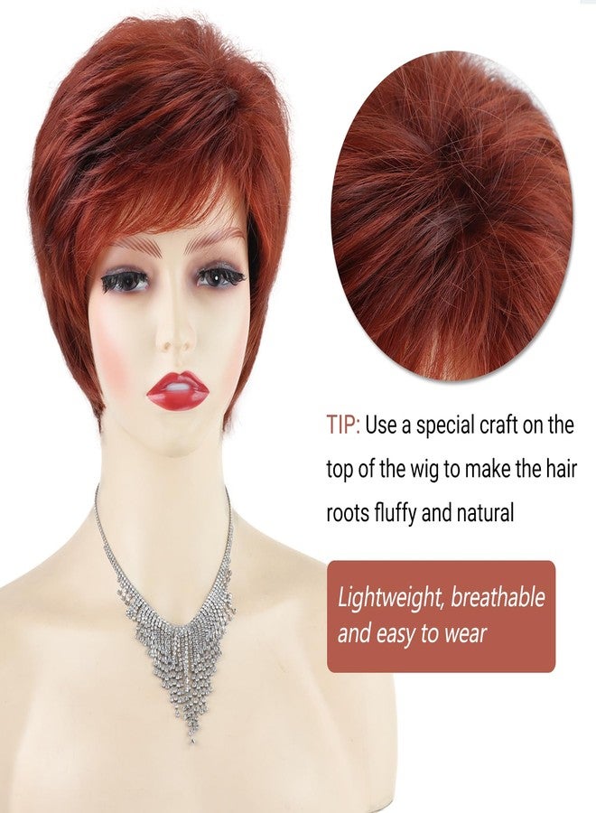TISHINING Short Red Pixie Cut Wigs for White Women Copper Red Mixed Brown Highlight Synthetic Hair Wig with Bangs Layered Natural Wavy Hair Wig for Daily Party Use - Image 4