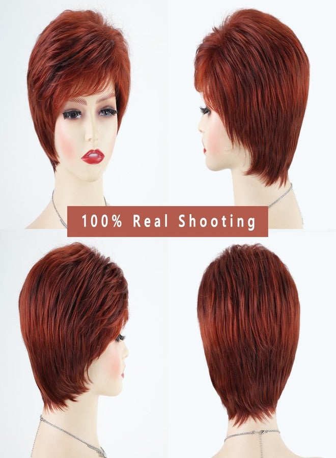 TISHINING Short Red Pixie Cut Wigs for White Women Copper Red Mixed Brown Highlight Synthetic Hair Wig with Bangs Layered Natural Wavy Hair Wig for Daily Party Use - Image 2