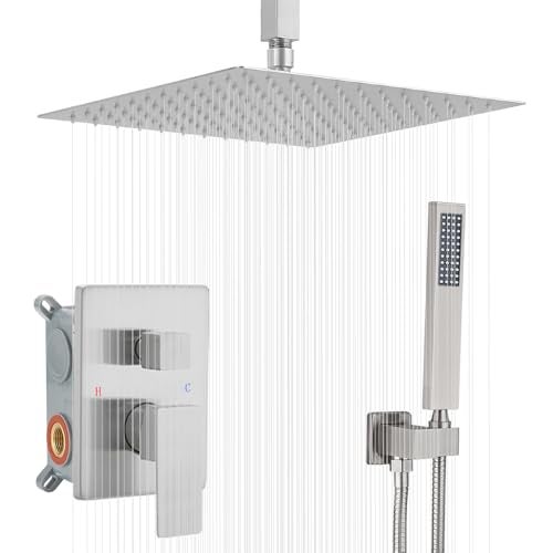 Heable Brushed Nickel Shower System Bathroom 12 Inch Rain Shower Head Ceiling Mount with Handheld Luxury High Pressure Shower Combo Set Shower Faucet Rough-in Valve Body and Trim Included - Image 1