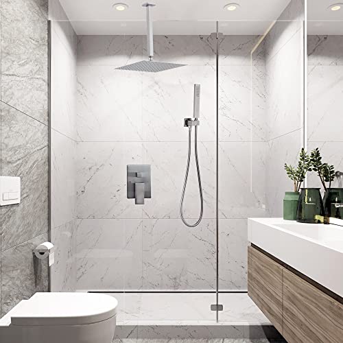 Heable Brushed Nickel Shower System Bathroom 12 Inch Rain Shower Head Ceiling Mount with Handheld Luxury High Pressure Shower Combo Set Shower Faucet Rough-in Valve Body and Trim Included - Image 2