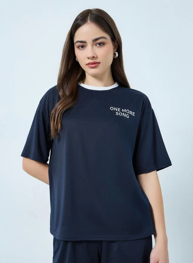 Styli Navy Printed T-Shirt and Wide Leg Joggers Co-Ords
