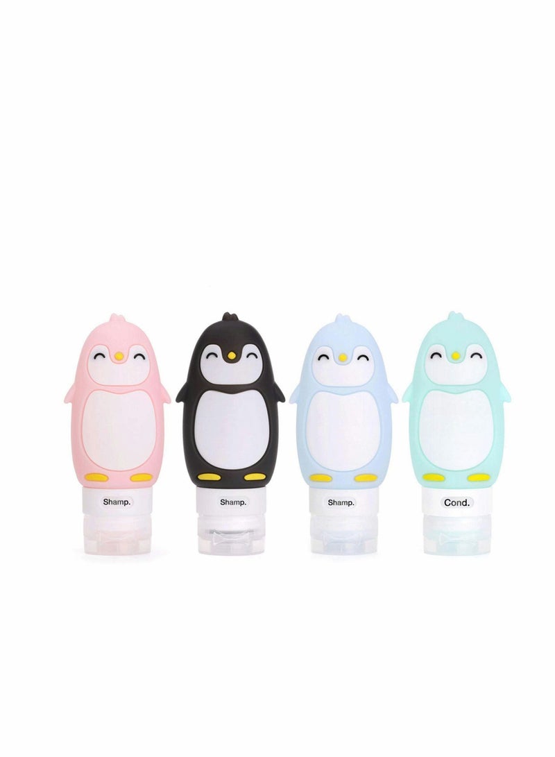 Y&D 4 Pcs Silicone Travel Bottles Set Squeezable Refillable Containers for Toiletries Cosmetics Shampoo Liquids Screw Top BPA Free Wide Neck Leakproof Penguin - Image 1