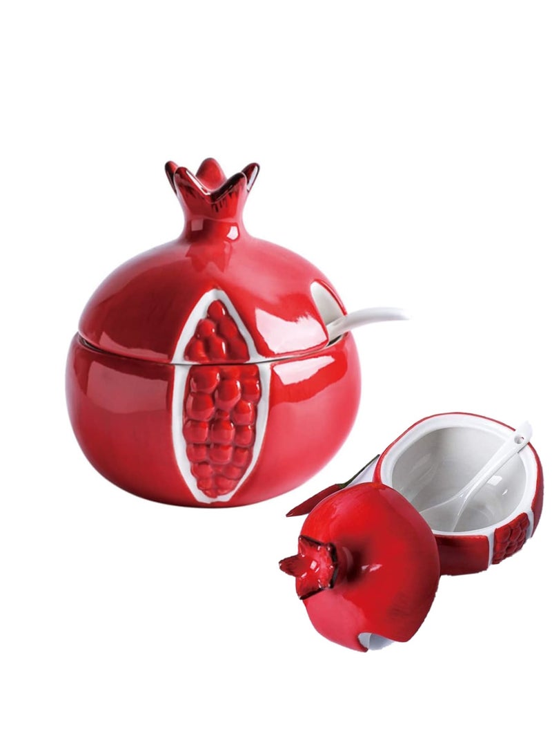 سيوسي Colorful Ceramic Fruit Shaped Sugar Bowl with Lid and Spoon, Salt Pepper Storage Jar Seasoning Pot, Perfect for Storing and Dispensing Spices and Condiments(Red Pomegranate) - Image 1