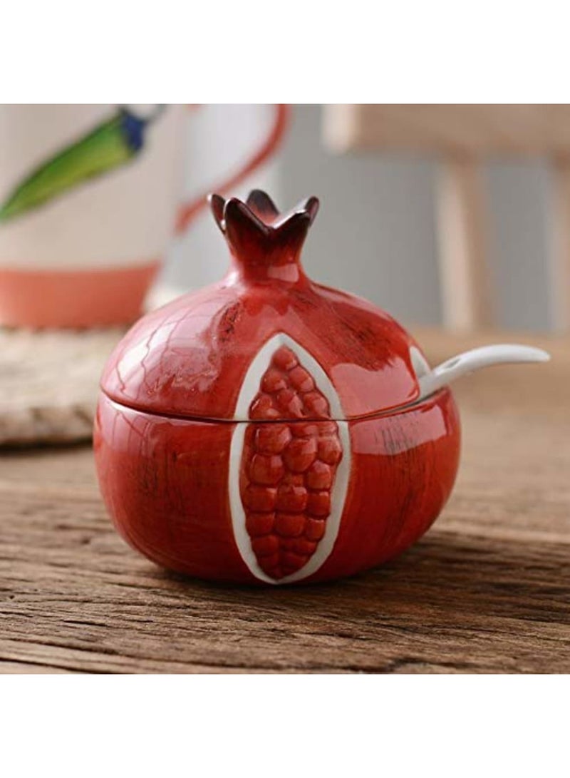 سيوسي Colorful Ceramic Fruit Shaped Sugar Bowl with Lid and Spoon, Salt Pepper Storage Jar Seasoning Pot, Perfect for Storing and Dispensing Spices and Condiments(Red Pomegranate) - Image 2