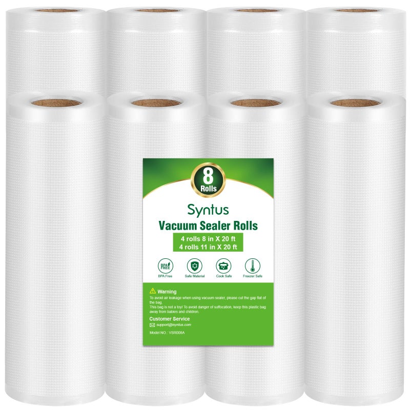 Syntus Vacuum Sealer Bags 8 Pack 4 Rolls 11 x 20 and 4 Rolls 8 x 20 Commercial Grade BPA Free Bag Rolls Food Vac Bags for Storage Meal Prep or Sous Vide