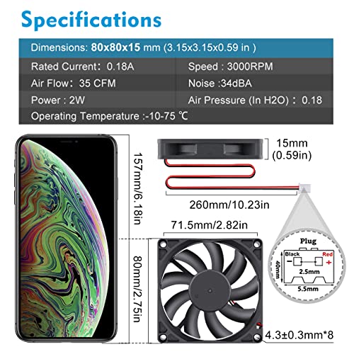 Wathai DC Brushless 12V Cooling Case Fan 80mm x 15mm 3'' 2Pin for Exhaust Replacement Part 2Pack - Image 2
