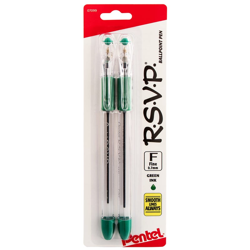 Pentel R.S.V.P. Ballpoint Pen, Fine Line, Green Ink, 2 Pack (BK90BP2D) - Image 1
