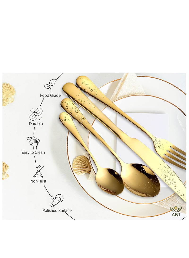 ABJ 24-Piece Stainless Steel MIRROR GOLD Cutlery Set with Premium Wooden Box (Golden) - Ideal Tableware, Flatware, Dinner Set for 6 - Includes Spoon Set, Knife Set, Fork Set - Spoons, Knives, Fork - Image 3