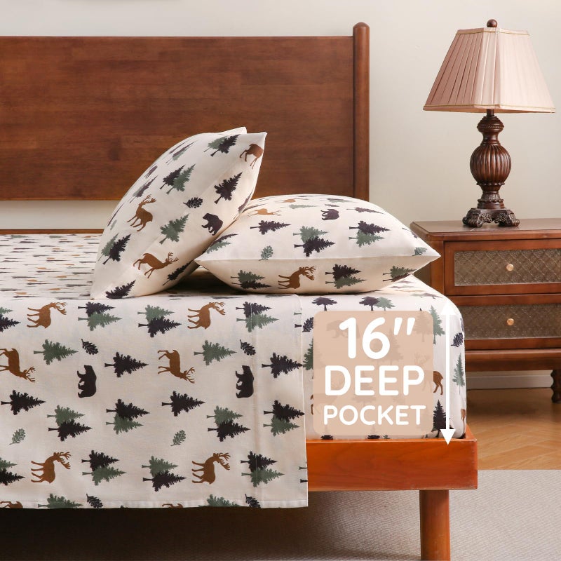 LONAVA 100% Cotton Flannel Sheet Set 4 Pieces, Heavy-Duty Fluffy Flannel Design, Thermal Lock Technology, 16 inch Deep Pocket Cozy Soft Bedsheets,(Queen,Fall Forest) - Image 5