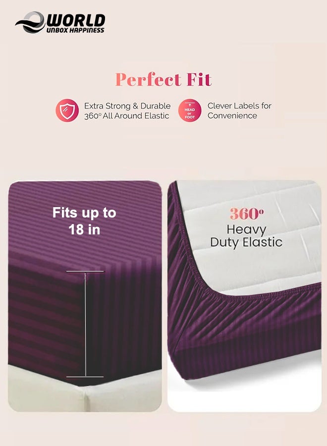 Eworld Purple Striped Microfiber Fitted Bedsheet with Deep Pocket for a Snug Fit, Breathable, Machine Washable for Optimal Protection, Available in King, Queen and Single Sizes, Without Pillow Cover - Image 4