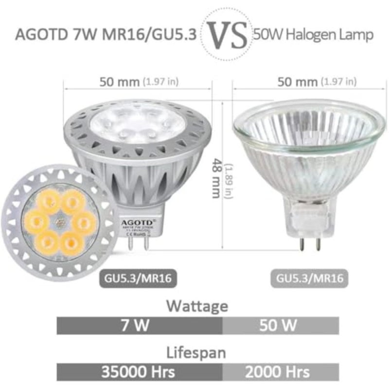 مصابيح GU5.3 LED، ألومنيوم MR16 LED 7 وات 2700 كلفن أبيض دافئ 12 فولت يحل محل المصابيح العاكسة التقليدية 50 وات، مصباح كشاف LED بزاوية شعاع 38 درجة، حزمة من 6 - Image 2