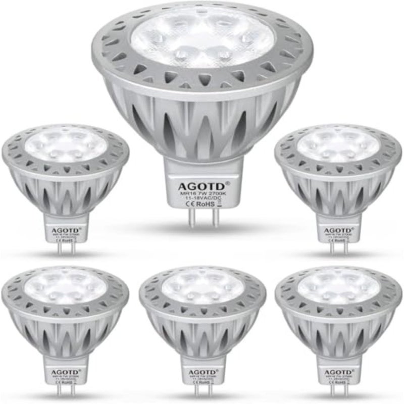 مصابيح GU5.3 LED، ألومنيوم MR16 LED 7 وات 2700 كلفن أبيض دافئ 12 فولت يحل محل المصابيح العاكسة التقليدية 50 وات، مصباح كشاف LED بزاوية شعاع 38 درجة، حزمة من 6 - Image 1