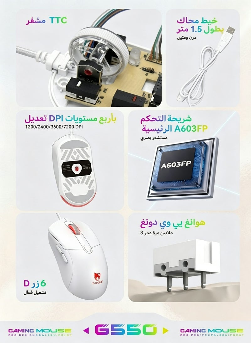 تي- وولف ماوس ألعاب سلكي T-WOLF G550 بدقة 7200 DPI مع إضاءة خلفية RGB قابلة للتعديل، 6 أزرار، تصميم مريح، ماوس بصري للكمبيوتر مع ملصق مقاوم للانزلاق - Image 2