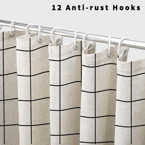 WOUVMA Farmhouse Plaid Shower Curtain Beige Linen Shower Curtains for Bathroom Natural Black Pattern 72 x 72 Inch - Image 2