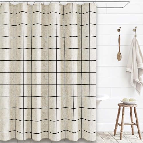 WOUVMA Farmhouse Plaid Shower Curtain Beige Linen Shower Curtains for Bathroom Natural Black Pattern 72 x 72 Inch - Image 1