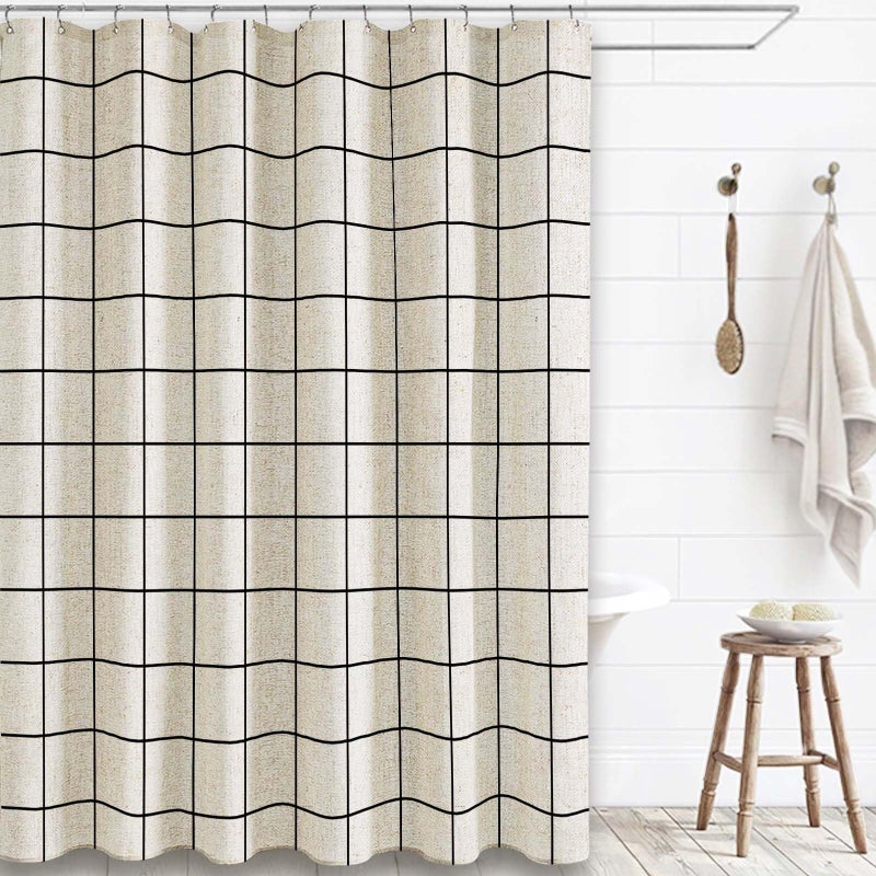 WOUVMA Farmhouse Plaid Shower Curtain Beige Linen Shower Curtains for Bathroom Natural Black Pattern 72 x 72 Inch - Image 5