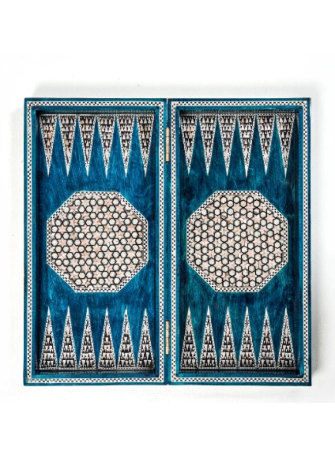 Handmade Backgammon & Chess Wooden Folding Board Inlaid with Natural Shell & Mother of Pearl, Turquoise Blue & Multicolor - Size 40x40 cm - Image 2