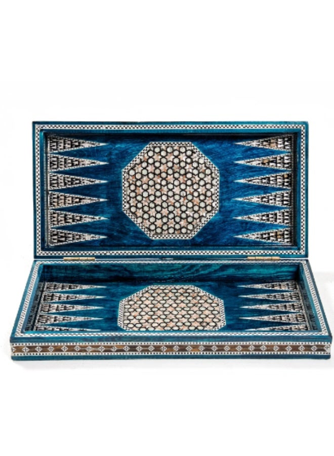 Handmade Backgammon & Chess Wooden Folding Board Inlaid with Natural Shell & Mother of Pearl, Turquoise Blue & Multicolor - Size 40x40 cm - Image 3