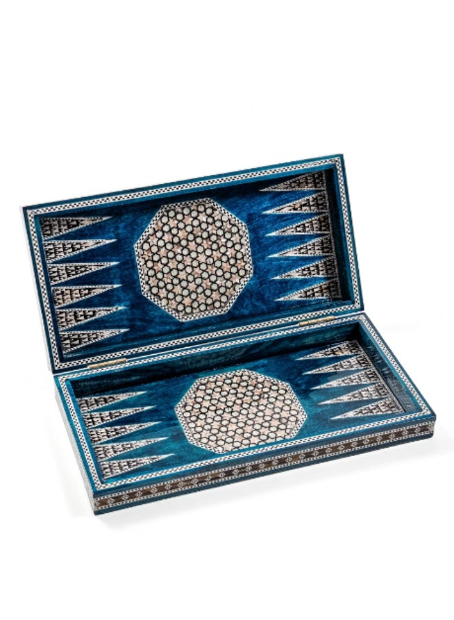 Handmade Backgammon & Chess Wooden Folding Board Inlaid with Natural Shell & Mother of Pearl, Turquoise Blue & Multicolor - Size 40x40 cm - Image 1