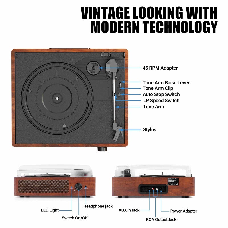 cotsoco Vinyl Record Player Turntable with Built-in Bluetooth Receiver & 2 Stereo Speakers, 3 Speed 3 Size Portable Retro Record Player for Entertainment and Home Decoration - Image 2