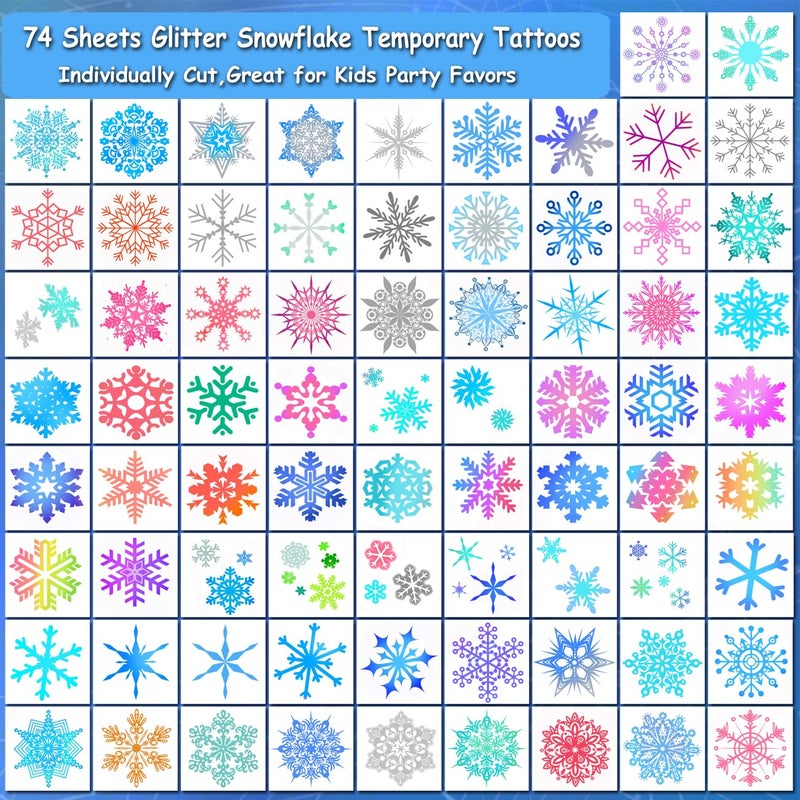 CHARLENT Glitter Snowflake Temporary Tattoos for Kids Party Supplies - 74 Individually Sheets Glitter Winter Snowflake Tattoos for Boys Girls Holiday Party Favors - Image 2