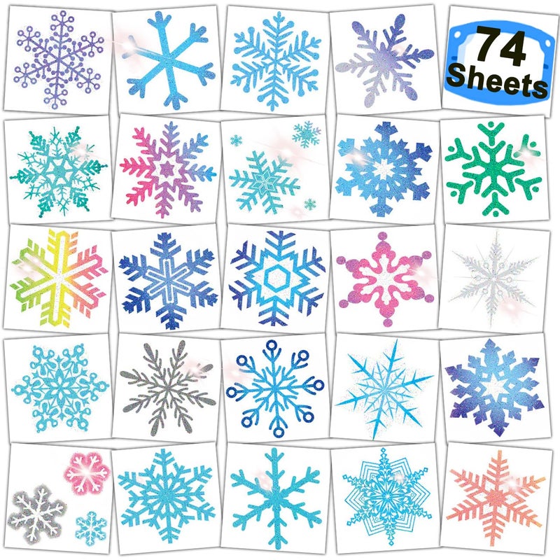 CHARLENT Glitter Snowflake Temporary Tattoos for Kids Party Supplies - 74 Individually Sheets Glitter Winter Snowflake Tattoos for Boys Girls Holiday Party Favors - Image 1
