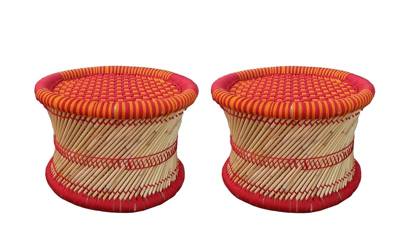 eGharonda Handmade Bamboo SARKANDA Muddi Stool Red and Orange Set of 2 10x12 Inches
