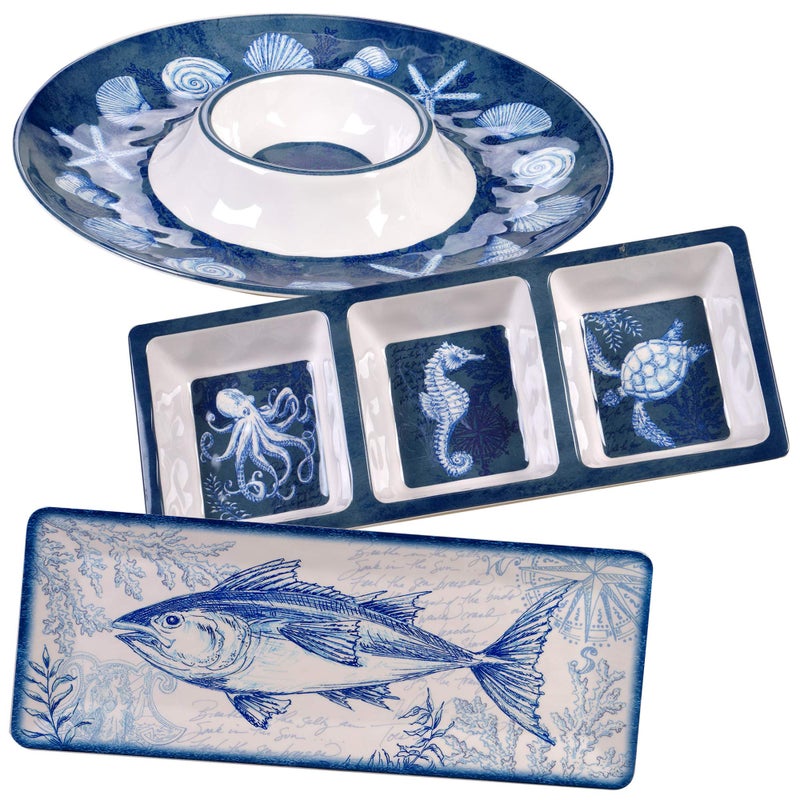 Oceanic 3Piece Melamine Hostess Set  Includes Chip  Dip Server 3Section Relish Tray and Rectangular Fish Platter  BPAFree BreakResistant Dishwasher Safe  Perfect for Indoors or Out