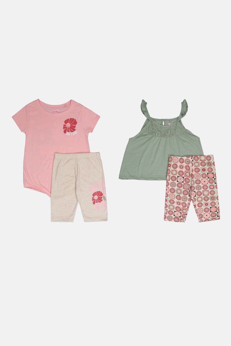 Freestyle Kids Girl 4Pcs Graphic Print T-Shirt And Shorts Set, Multicolor - Image 4