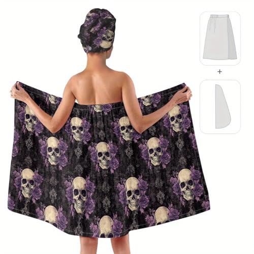 EENSYWEENSY Gothic Skull and Purple Rose Bath Wrap Set with Turban, Women's Spa Towel Wrap, Black - Image 2