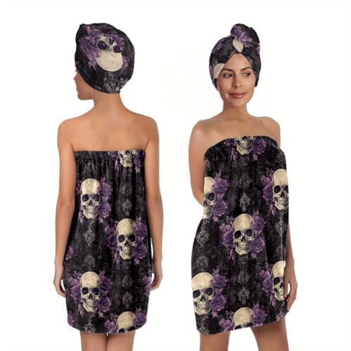 EENSYWEENSY Gothic Skull and Purple Rose Bath Wrap Set with Turban, Women's Spa Towel Wrap, Black - Image 1