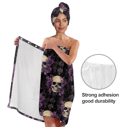 EENSYWEENSY Gothic Skull and Purple Rose Bath Wrap Set with Turban, Women's Spa Towel Wrap, Black - Image 5
