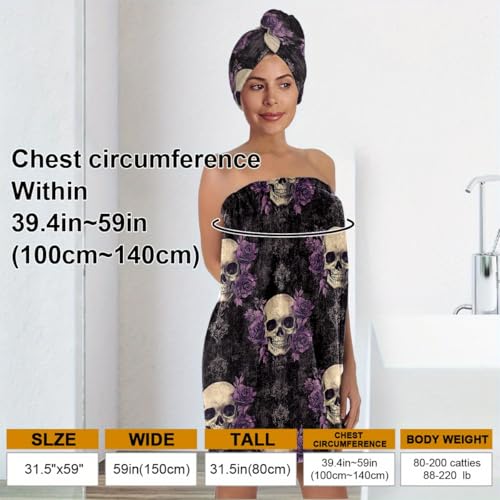 EENSYWEENSY Gothic Skull and Purple Rose Bath Wrap Set with Turban, Women's Spa Towel Wrap, Black - Image 4