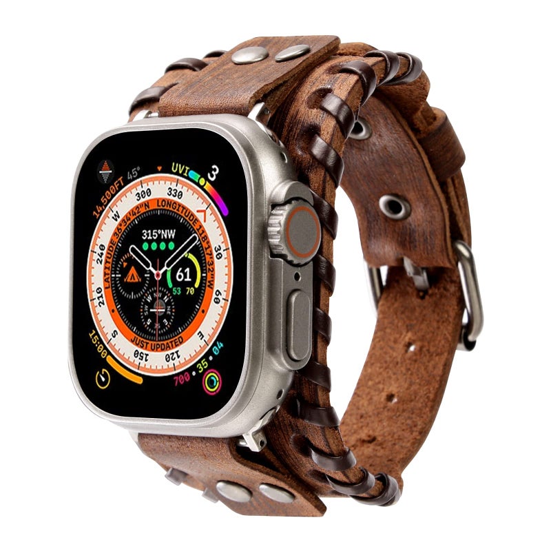 KONAFEI Compatible with Apple Watch Band 49mm 46mm 45mm 44mm 42mm 41mm 40mm 38mm iWatch Ultra Series 10/9/8/7/SE/6/5/4/3/2/1 for Men Women, Leather Handmade Cuff Bracelet Woven Vintage Strap, Brown - Image 1