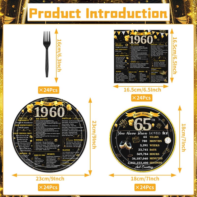 refavor 65th Birthday Decorations for Women Men  96PCS 1960 Theme Party Plates Napkins and Forks Set  Black Gold Disposable 65 Years Old Birthday Tableware Decor Supplies - Image 2