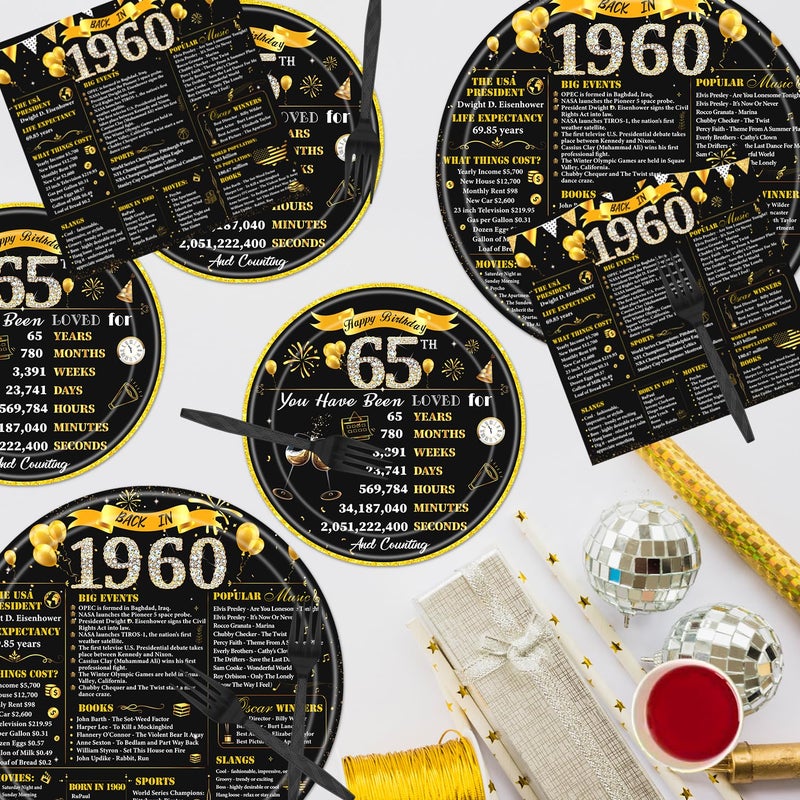 refavor 65th Birthday Decorations for Women Men  96PCS 1960 Theme Party Plates Napkins and Forks Set  Black Gold Disposable 65 Years Old Birthday Tableware Decor Supplies - Image 5