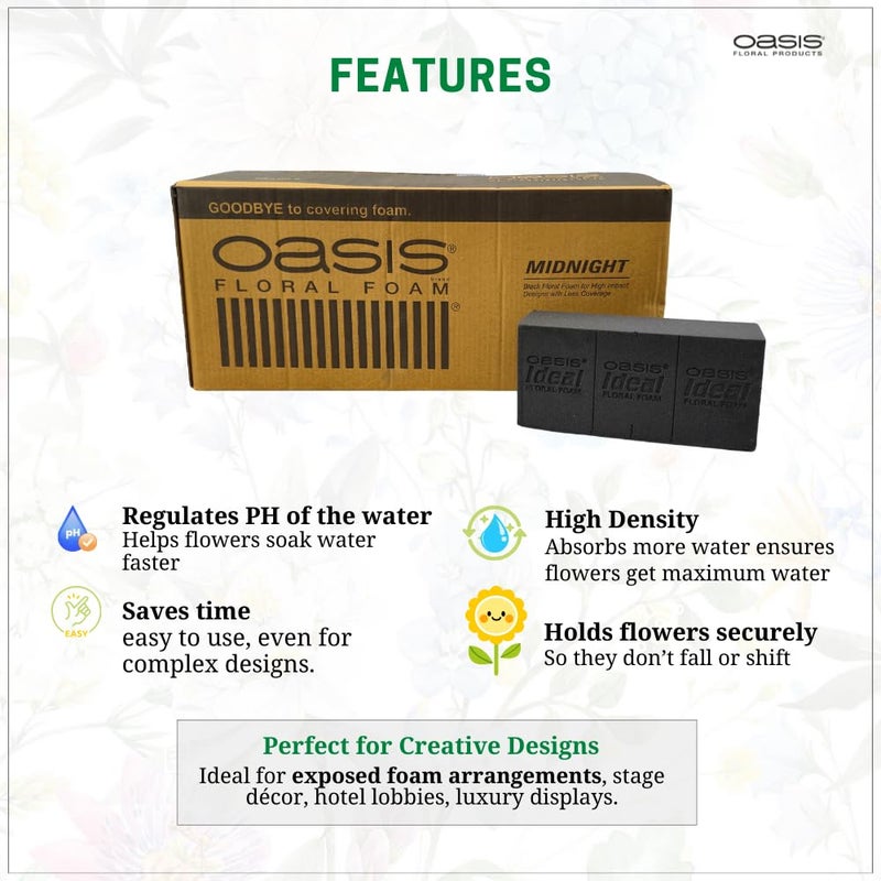 Oasis Pack of 10 Midnight Black Floral Foam Bricks | Black Florist Foam Blocks for Flower Arrangements in Home Décor, Weddings, Events, Festivals & More | Size 9 x 3 x 4 Inches - Image 4