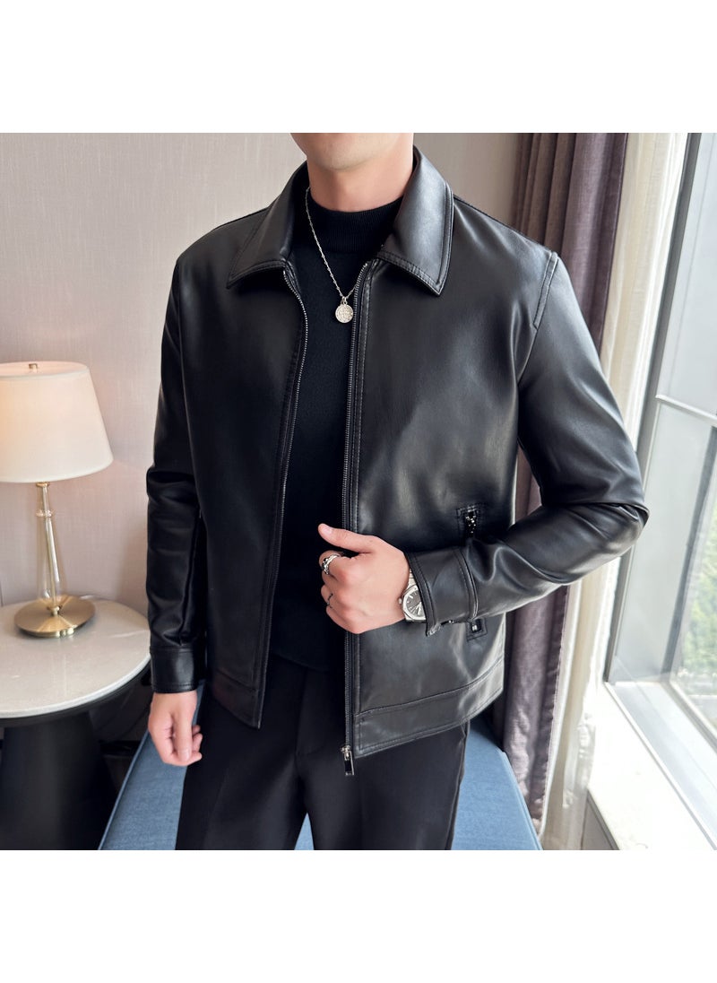 Generic New Fashion Slim Fit Mens Leather Jacket Casual Style Spring Autumn Korean Version Youth Lapel Faux Leather Trendy Motorcycle J Black 