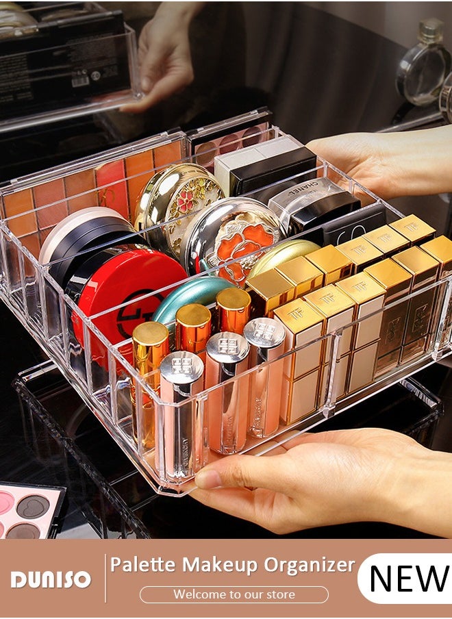 DUNISO Acrylic Eyeshadow Palette Makeup Organizer, 8-Section Divided Cosmetic Storage, Makeup Palette Organizer for Bathroom, Removable Desktop Transparent Shelf, Small Cosmetic Storage Box for Cosmetic,Eye Shadow,Sunglasses and Wallets  - Image 1