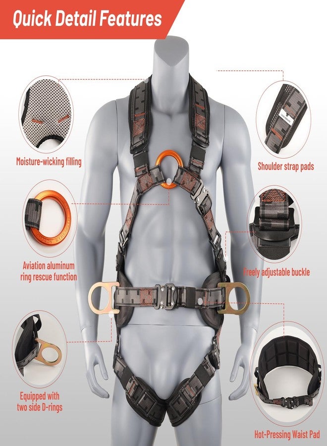 QFU Full-body safety harness with fall arrest kit, padded on the shoulders, waist, and legs, upgraded quick-release buckle, meets ANSI standards, suitable for roofing, construction, and industrial use - Image 2
