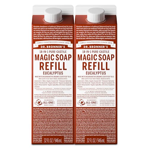 Dr. Bronner's Magic Soap-Pure-Castile Liquid Refill (Eucalyptus, 32 ounce, 2-Pack) - Regenerative Organic Certified Oils, For Body, Hair, Laundry, Pets & Dishes, Concentrated, Vegan, Non-GMO - Image 1