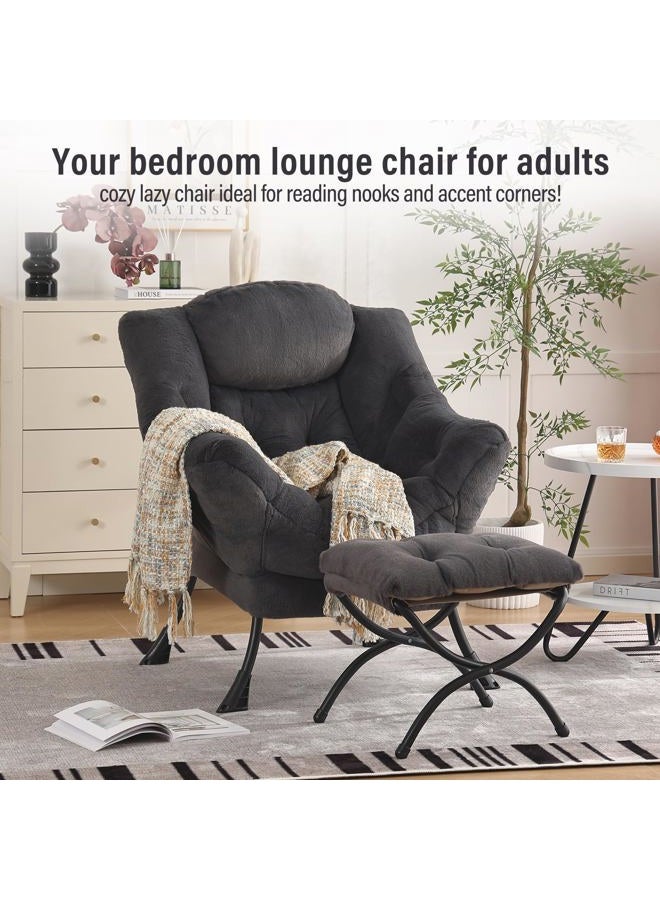 Furlide Lazy Chair with Ottoman, Modern Accent Chair with Armrests and a Side Pocket, Plush Navy Accent Chairs, Reading Chairs, Oversized Armchairs for Bedroom, Study, Living Room, Courtyard - Image 2